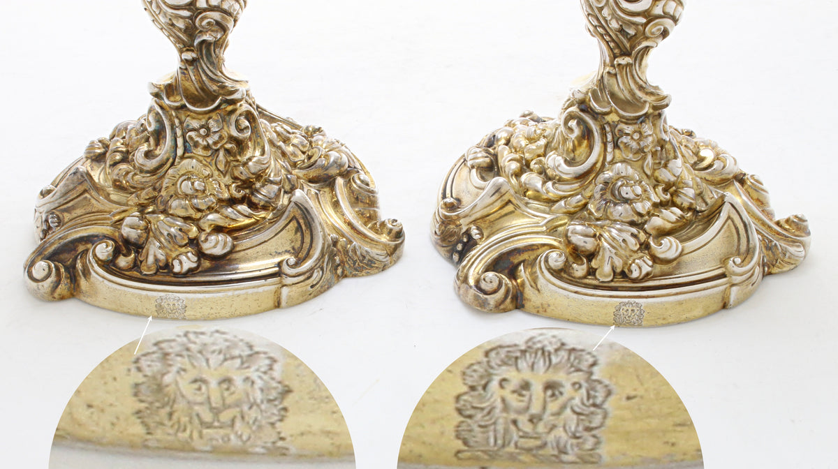 Antiek verguld groot paar kandelaars van sterling zilver 1818