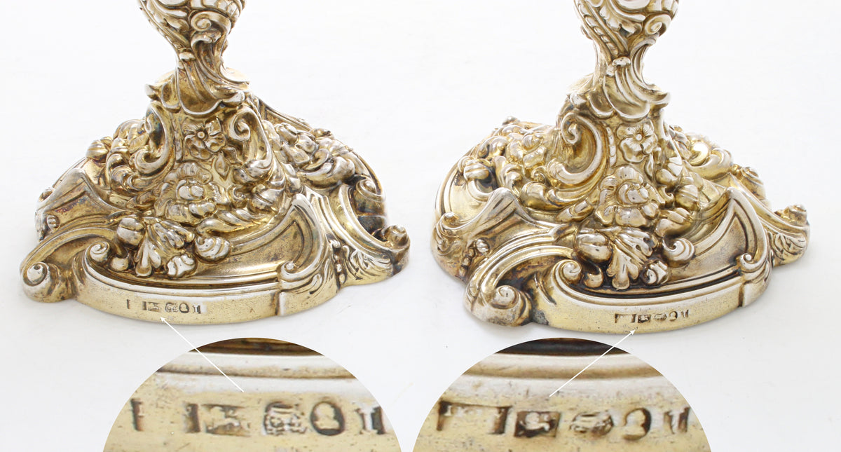 Antiek verguld groot paar kandelaars van sterling zilver 1818