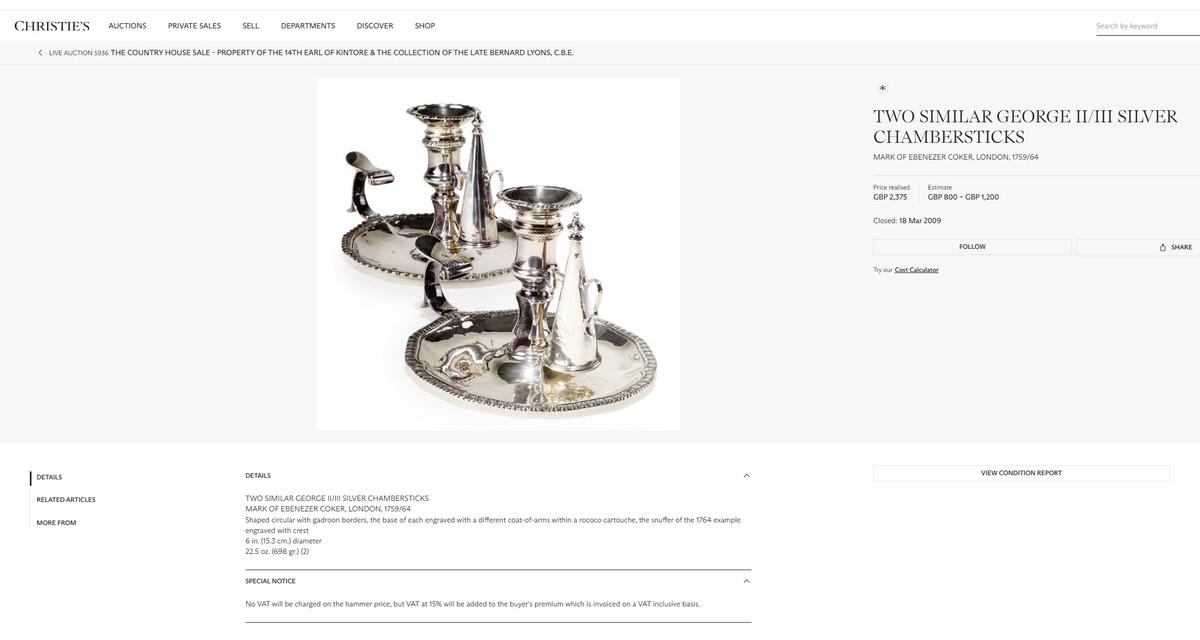 Christies two similar silver George chambersticks
