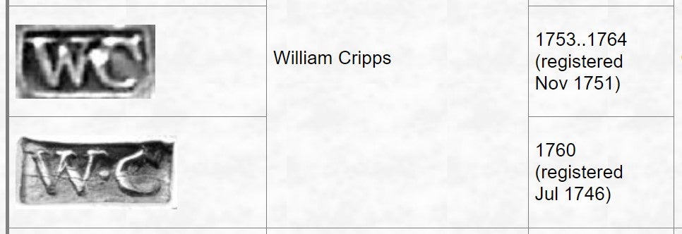 Zilversmid keurmerk William Cripps 18e eeuw